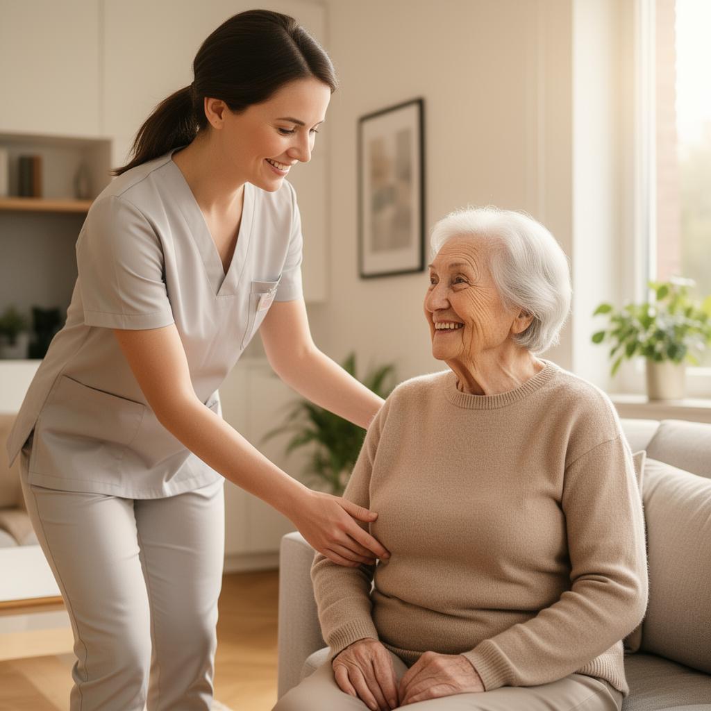 Freundliche Pflegekraft unterstützt ältere Dame zu Hause